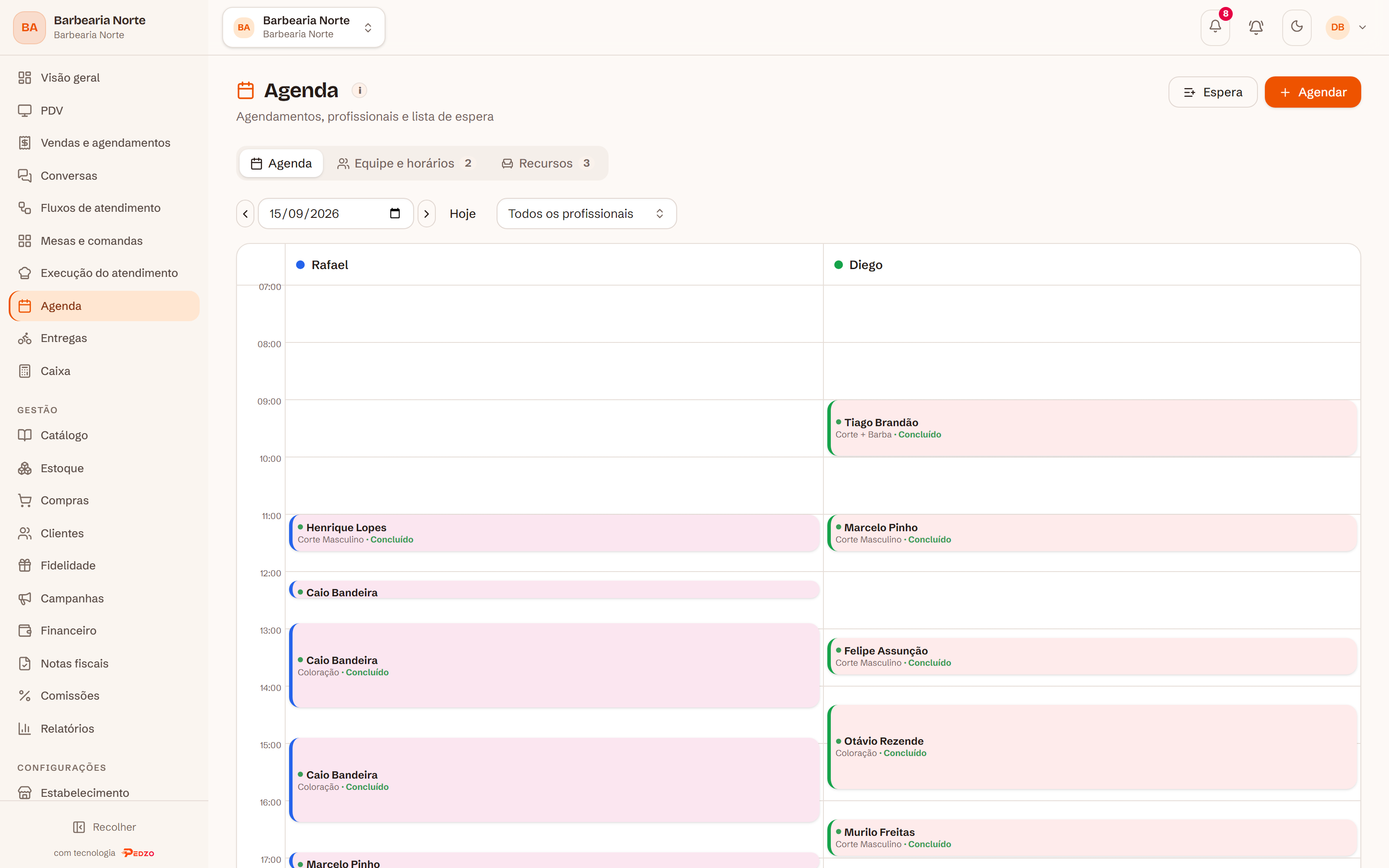Tela da agenda Pedzo em um computador
